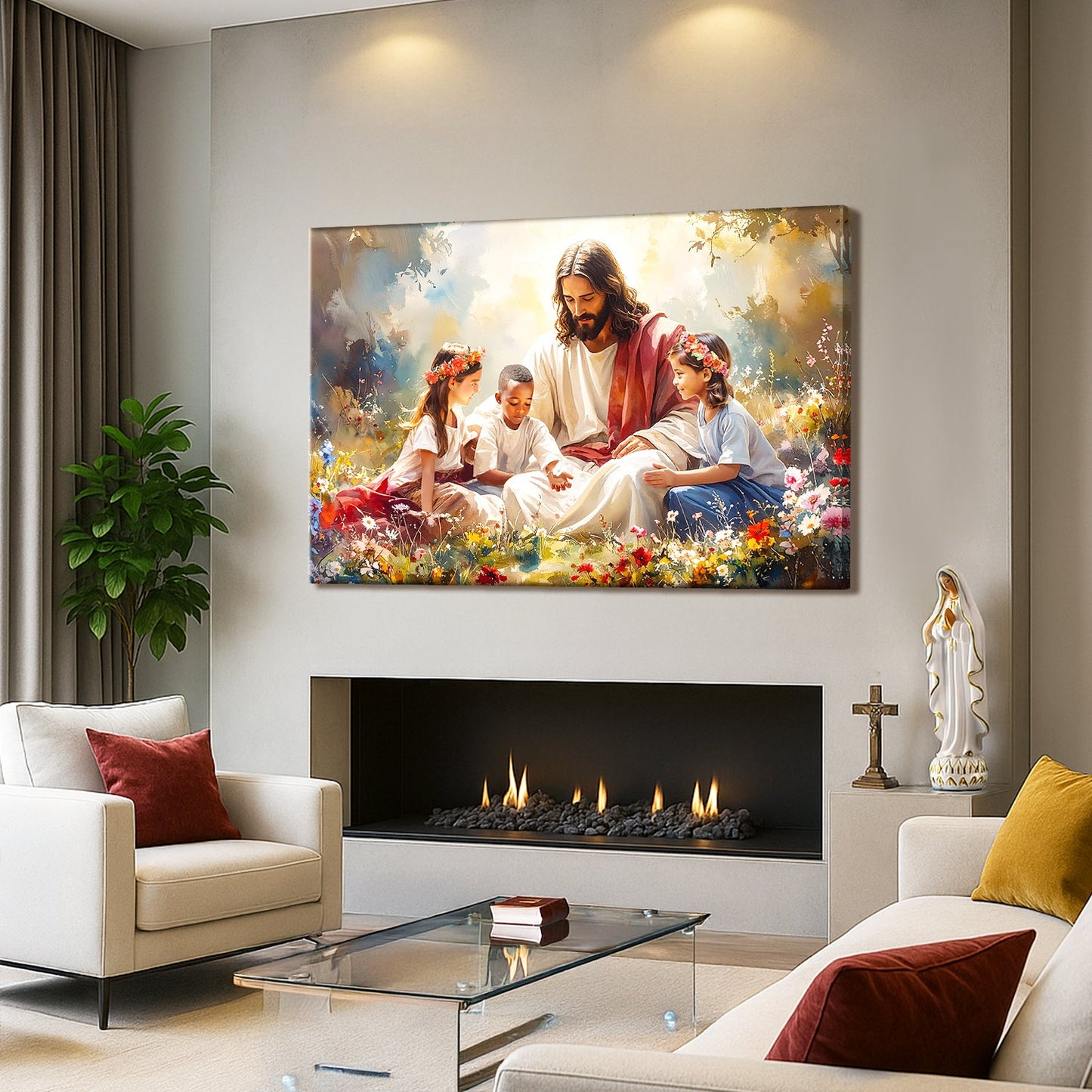 Framed wall art showing Jesus with three children, surrounded by flowers