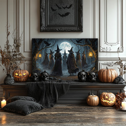 Halloween witch wall art canvas with full moon, glowing lanterns, and hooded silhouettes.