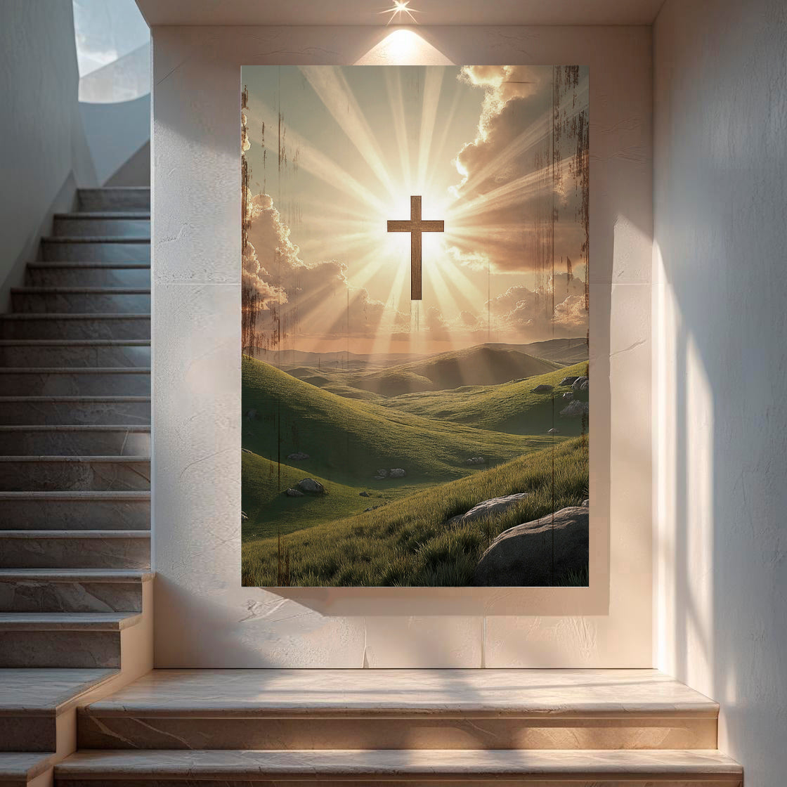 Amazing Grace wall sign canvas with glowing sun rays and a gold cross