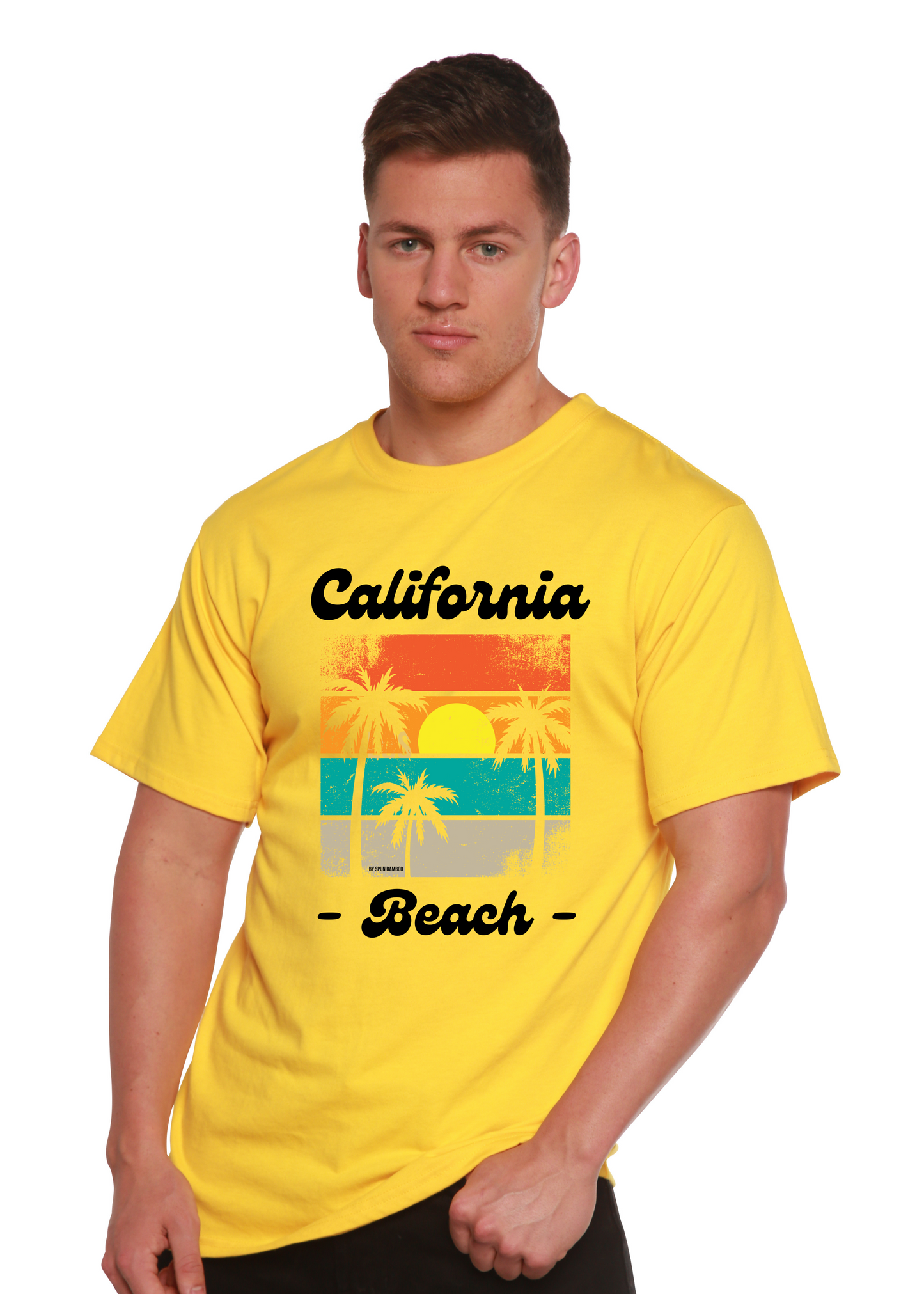 Unisex graphic T-shirt, bright yellow with 'California Beach' palm print
