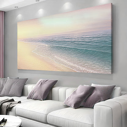 Coastal beach wall art in landscape view with ocean waves and pale sky glow
