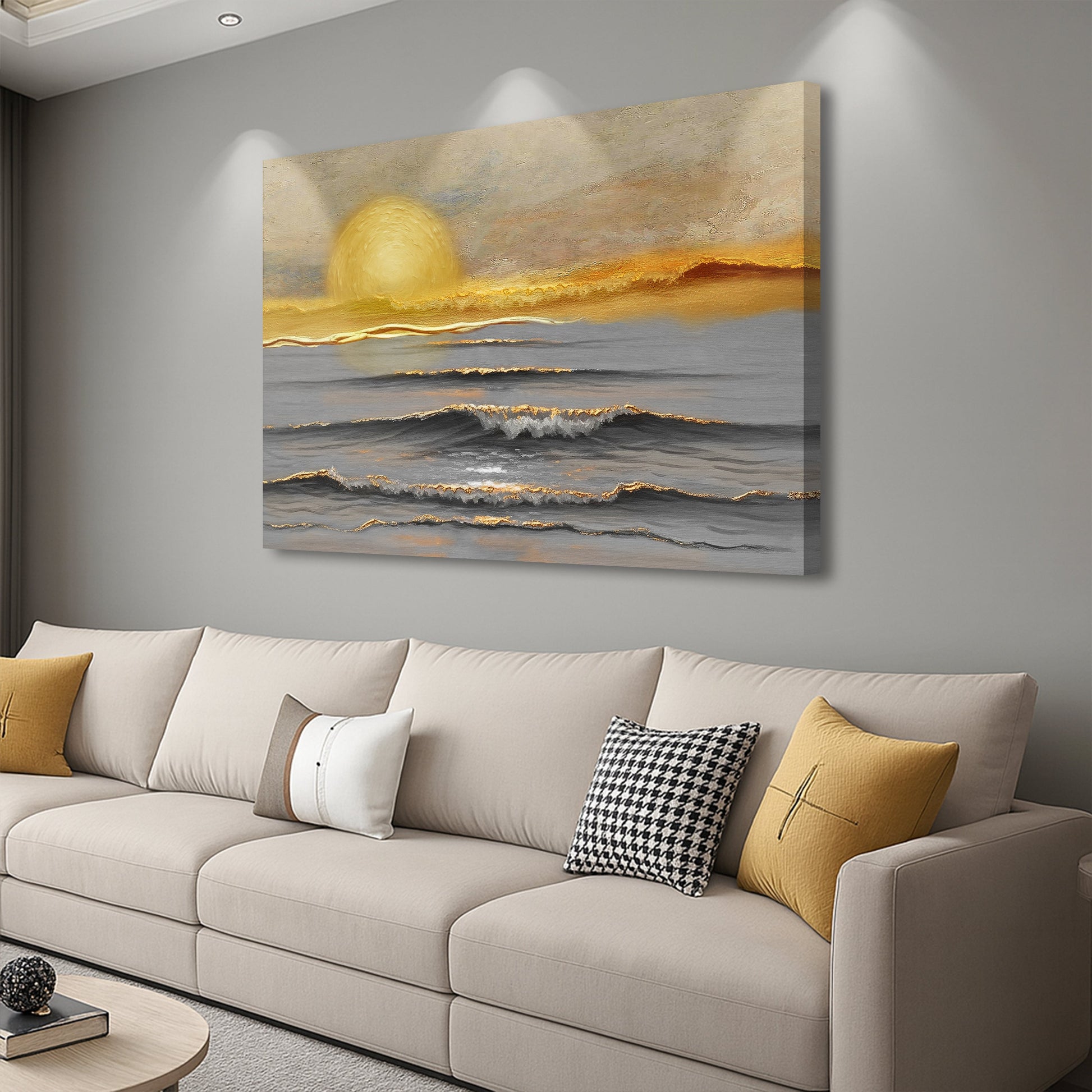 Ocean wall art canvas with glowing yellow sun over gray and gold layered waves