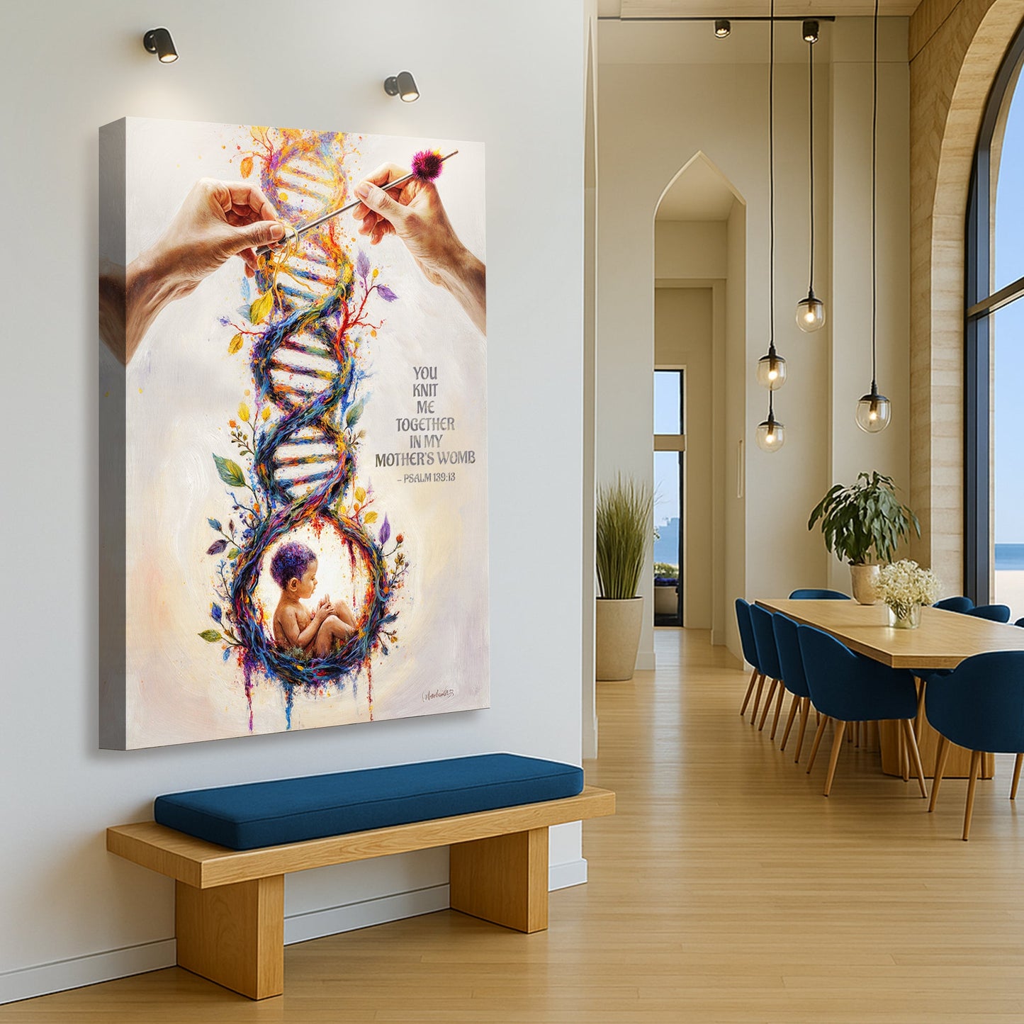 Psalm 139 knit-themed wall art canvas leaning on wall, multicolor DNA and baby yarn