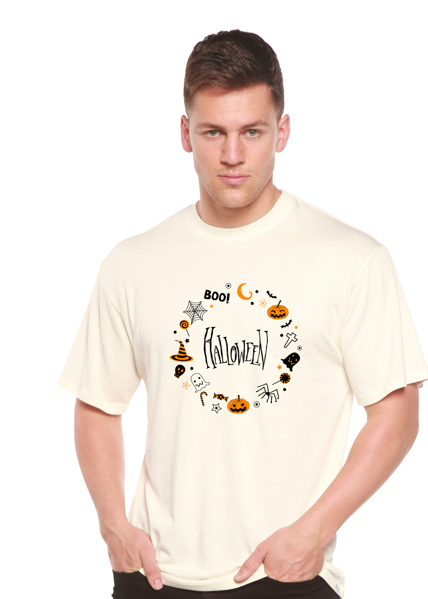 Men's off-white Halloween graphic t-shirt with circular pumpkin and skeleton print
