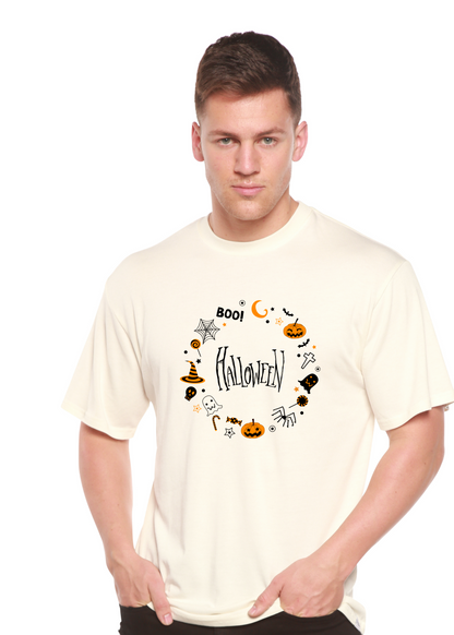 Men's off-white Halloween graphic t-shirt with circular pumpkin and skeleton print
