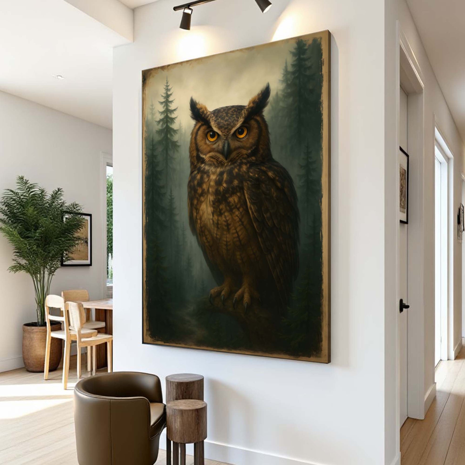 Owl wall art painting on wall, dark owl with orange eyes and pine trees