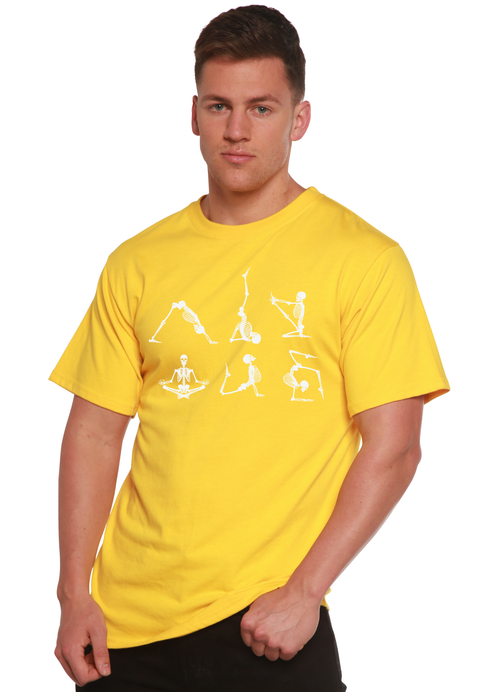 Men's yellow short sleeve graphic t-shirt with white skeleton yoga artwork