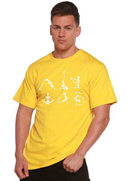 Men's yellow short sleeve graphic t-shirt with white skeleton yoga artwork
