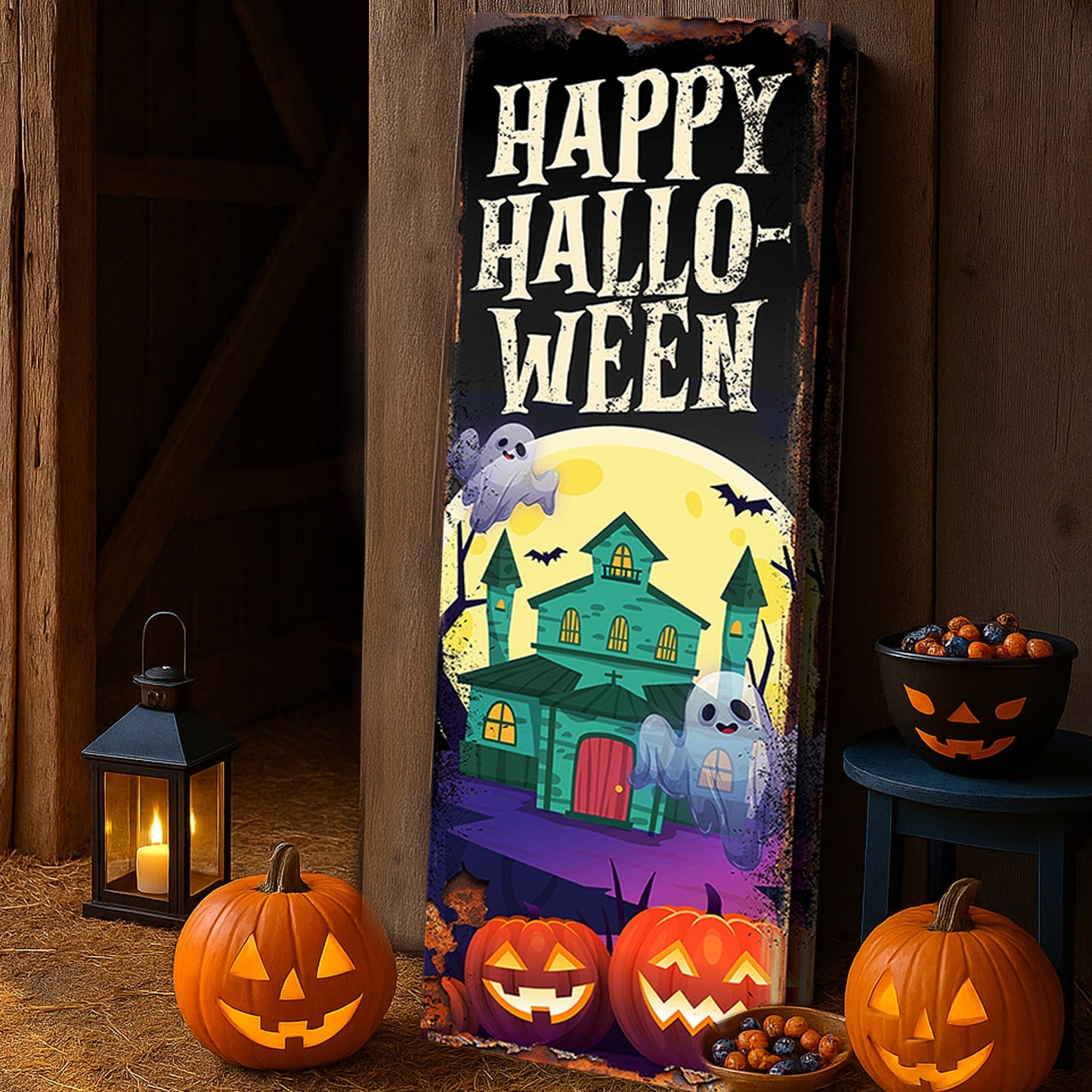 Halloween welcome sign canvas on dark doorway, Happy HalloWeen title with ghost and pumpkins