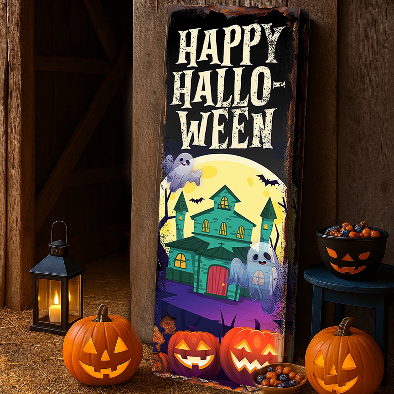 Halloween welcome sign canvas on dark doorway, Happy HalloWeen title with ghost and pumpkins