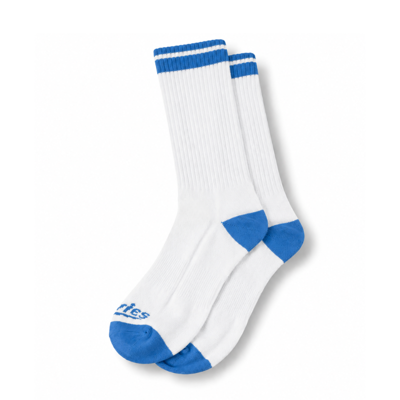 White boot socks with blue ribbed cuffs and blue toe heel accents
