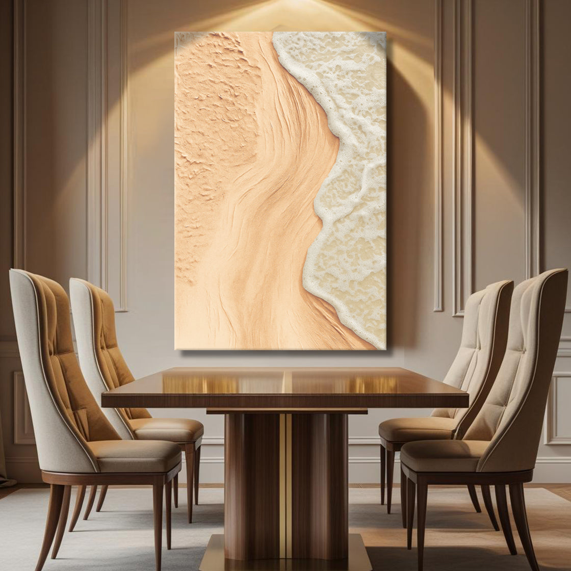 Beige coastal wall art canvas with sand texture and white wave detail