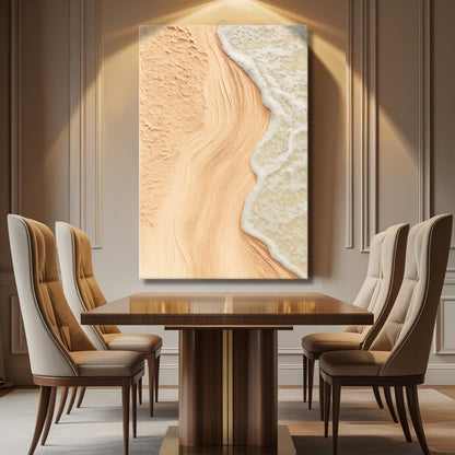 Beige coastal wall art canvas with sand texture and white wave detail