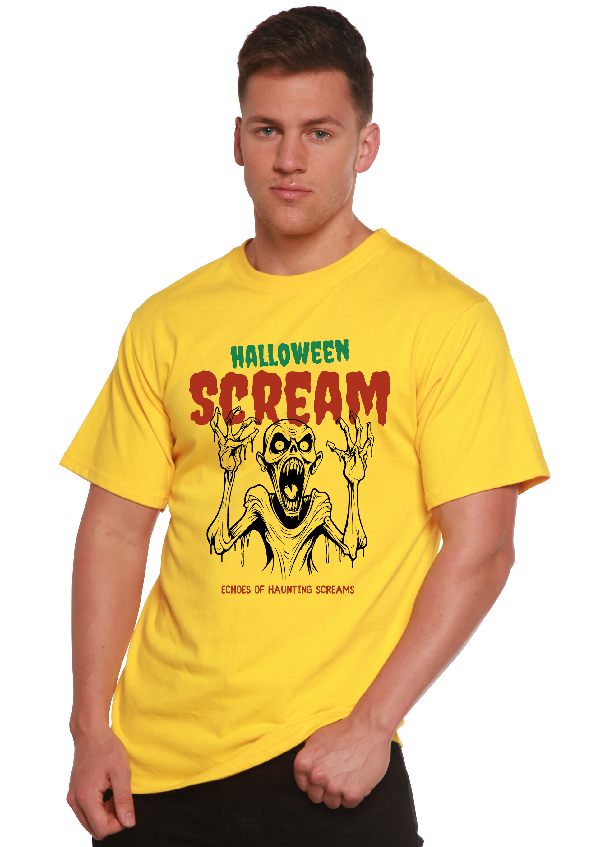 Men's yellow Halloween graphic T-shirt with screaming monster front print