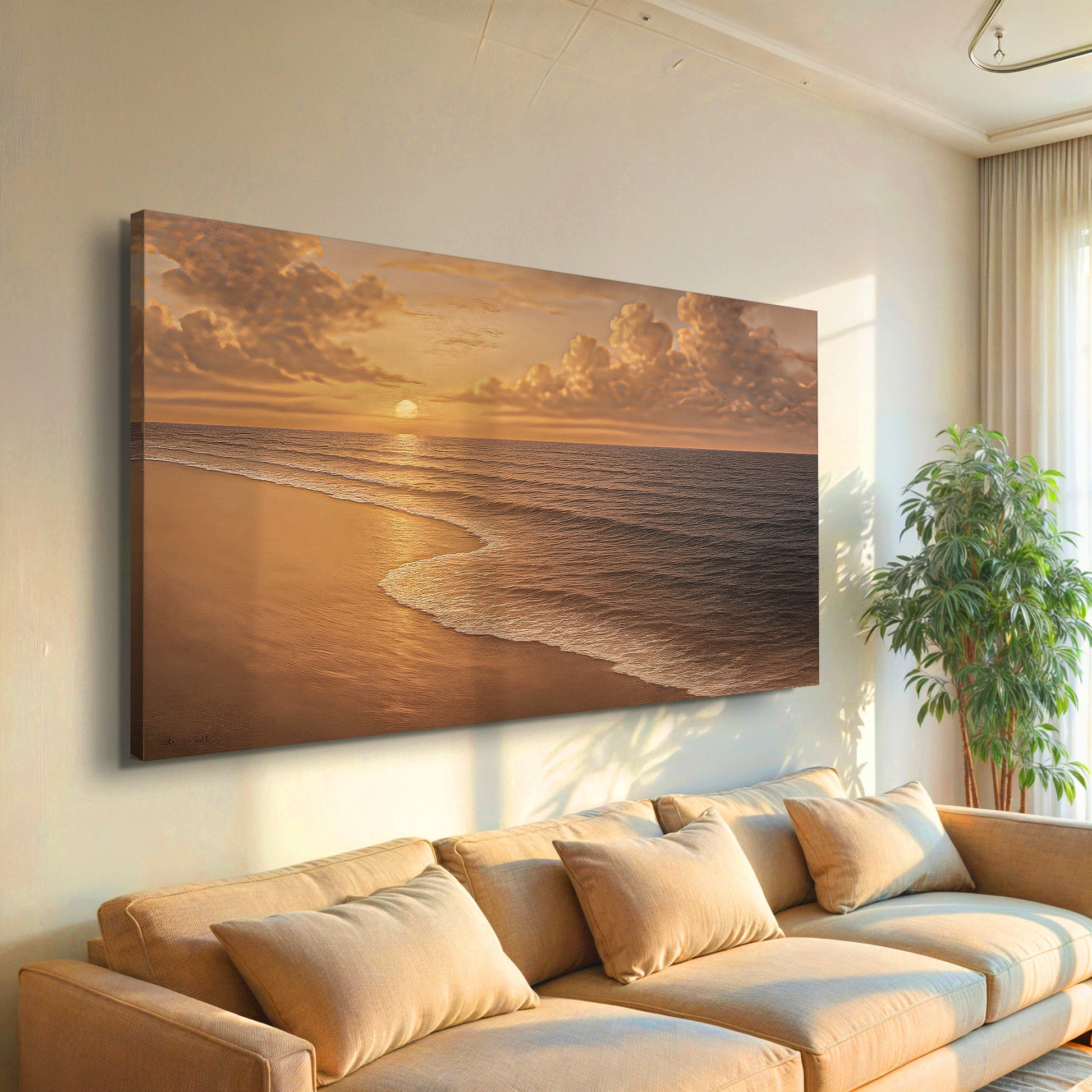 Coastal beach wall art canvas with sandy shore and sunset sky over ocean