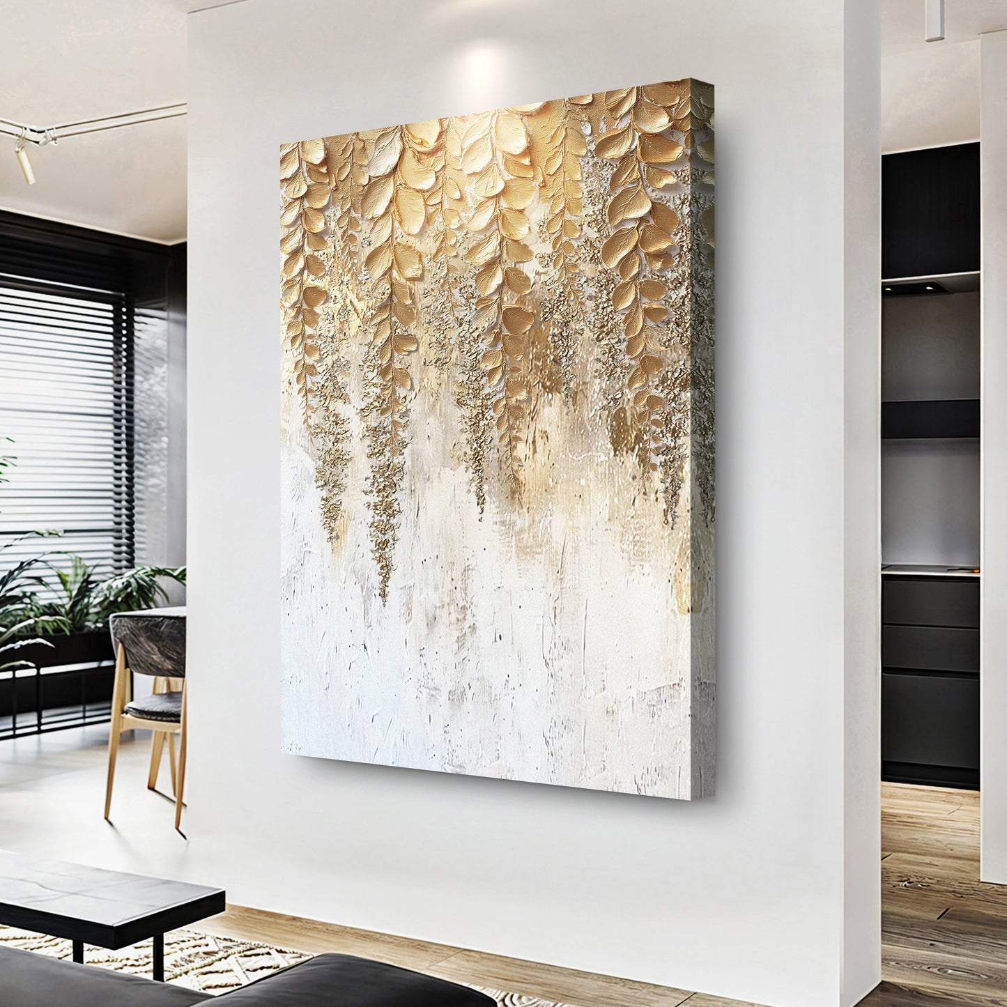 Gold wisteria relief wall art with textured leaf design and white background on hanging canvas.