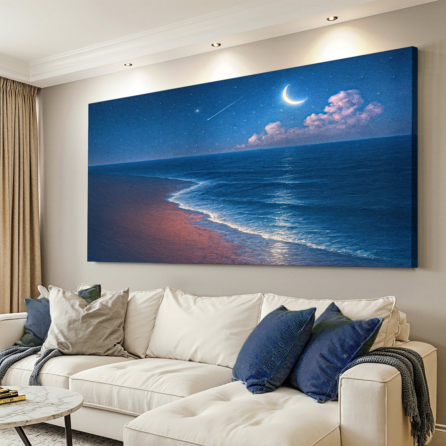 Landscape wall art canvas showing moon, clouds, and ocean waves along a beach