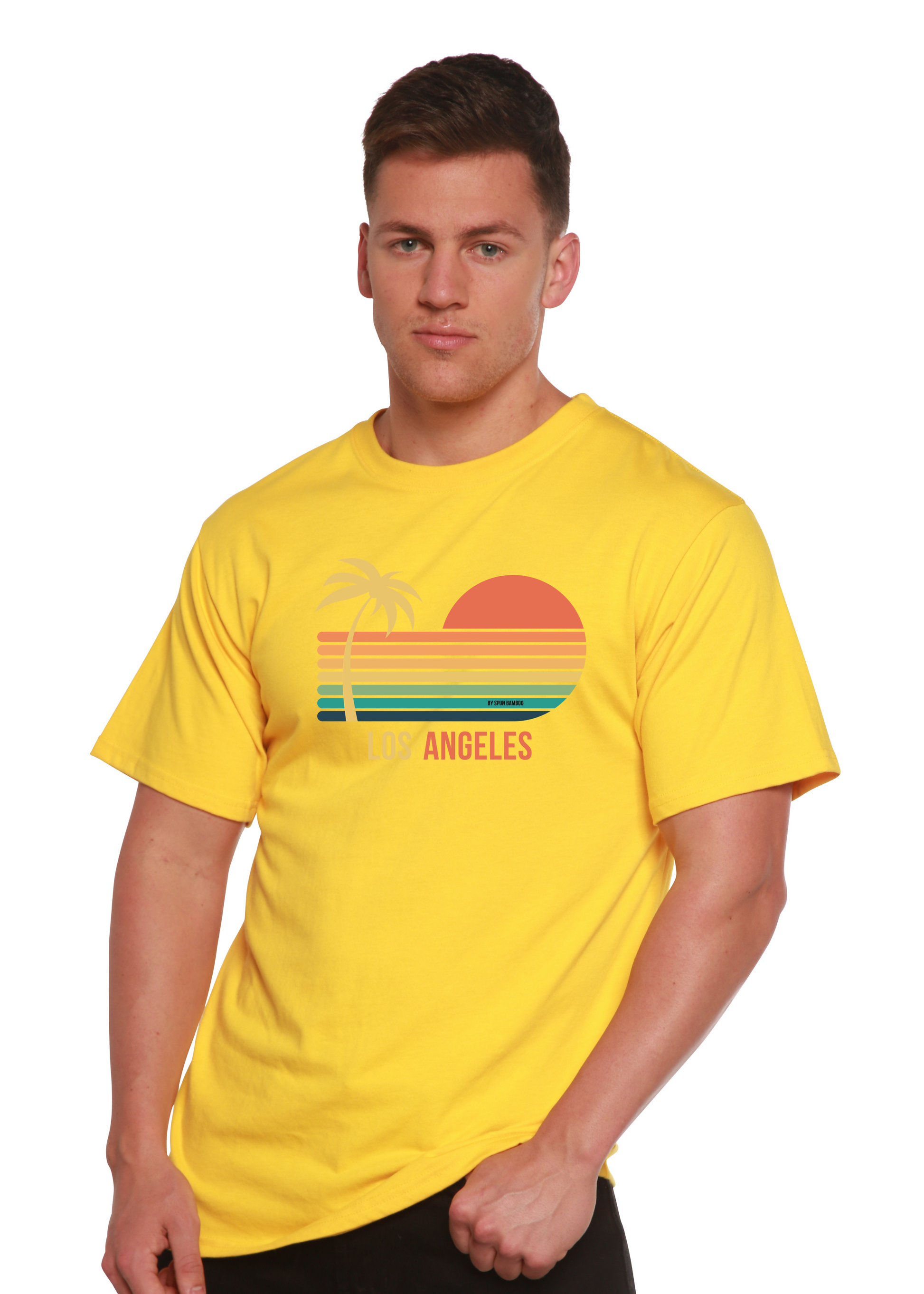 Yellow unisex graphic short-sleeve T-shirt with palm, sunset, and “Los Angeles” print