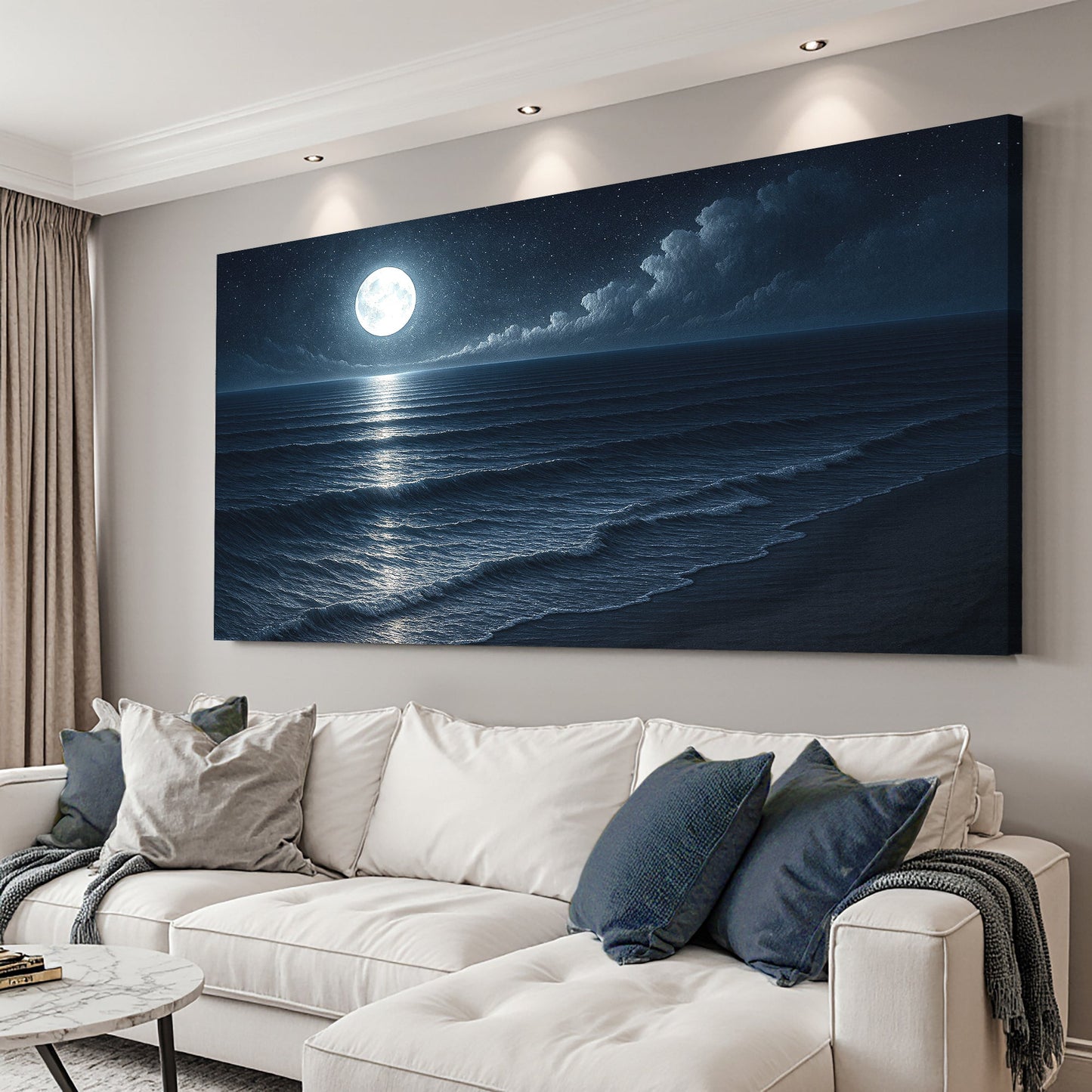 Coastal night ocean canvas wall art with moon and wave reflections above bed