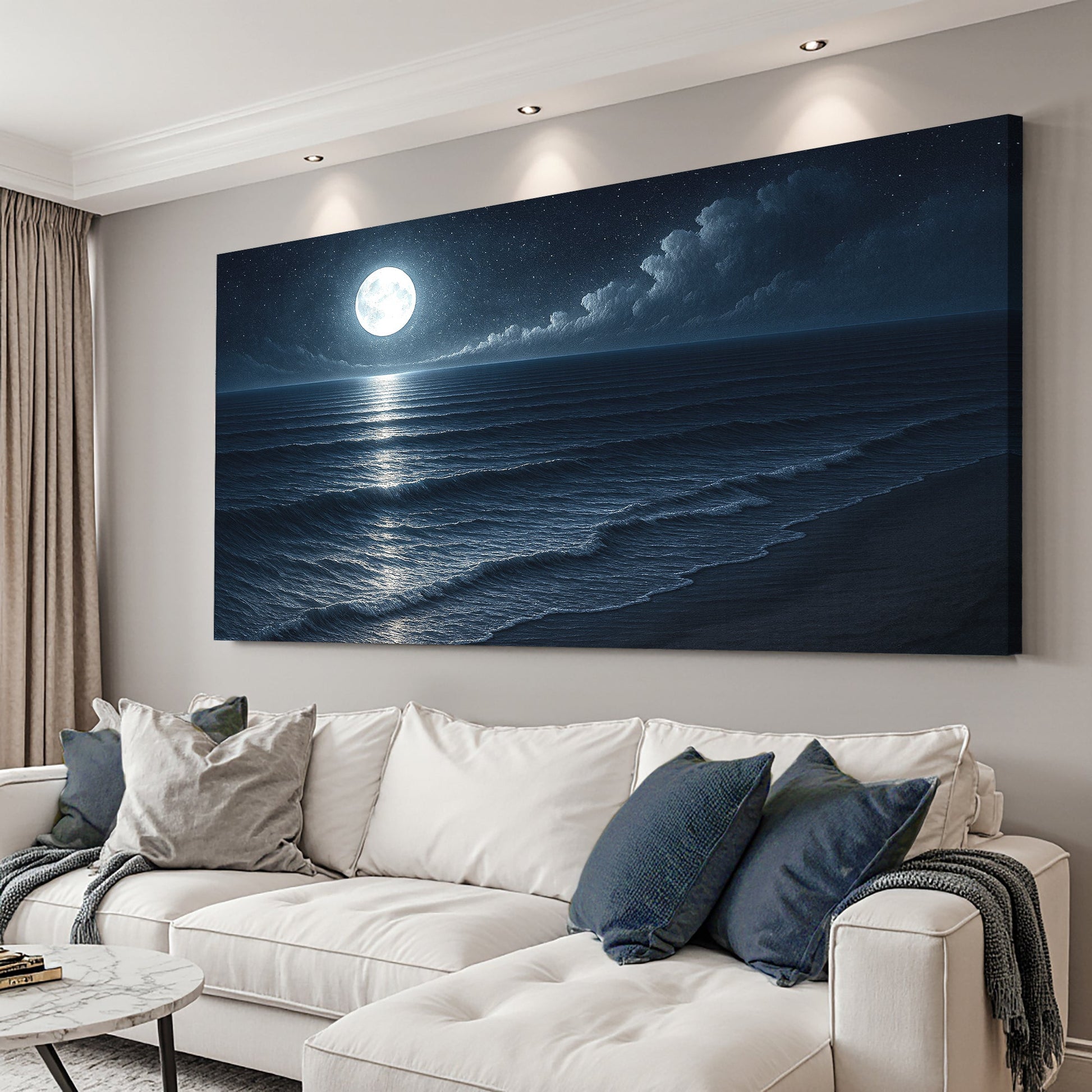 Coastal night ocean canvas wall art with moon and wave reflections above bed