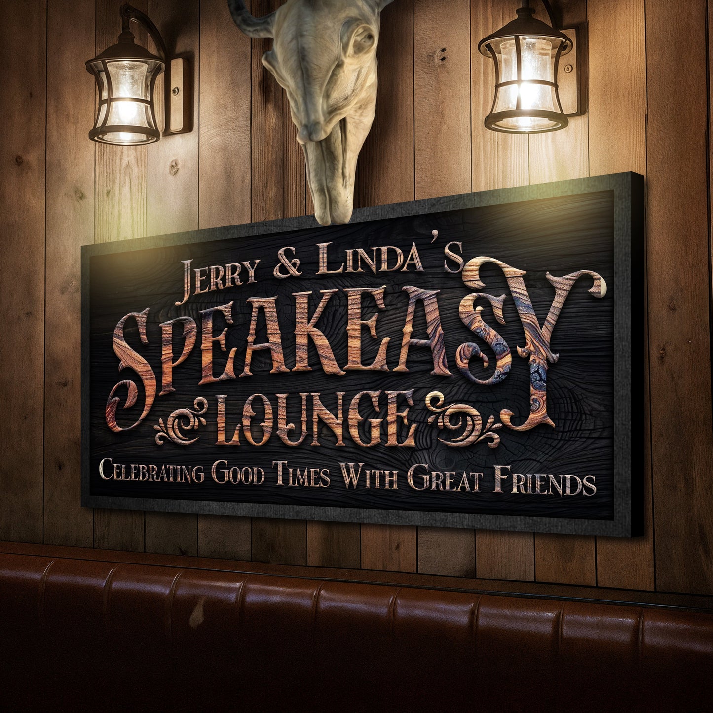 Framed speakeasy lounge wall sign with large “Speakeasy & Lounge” lettering