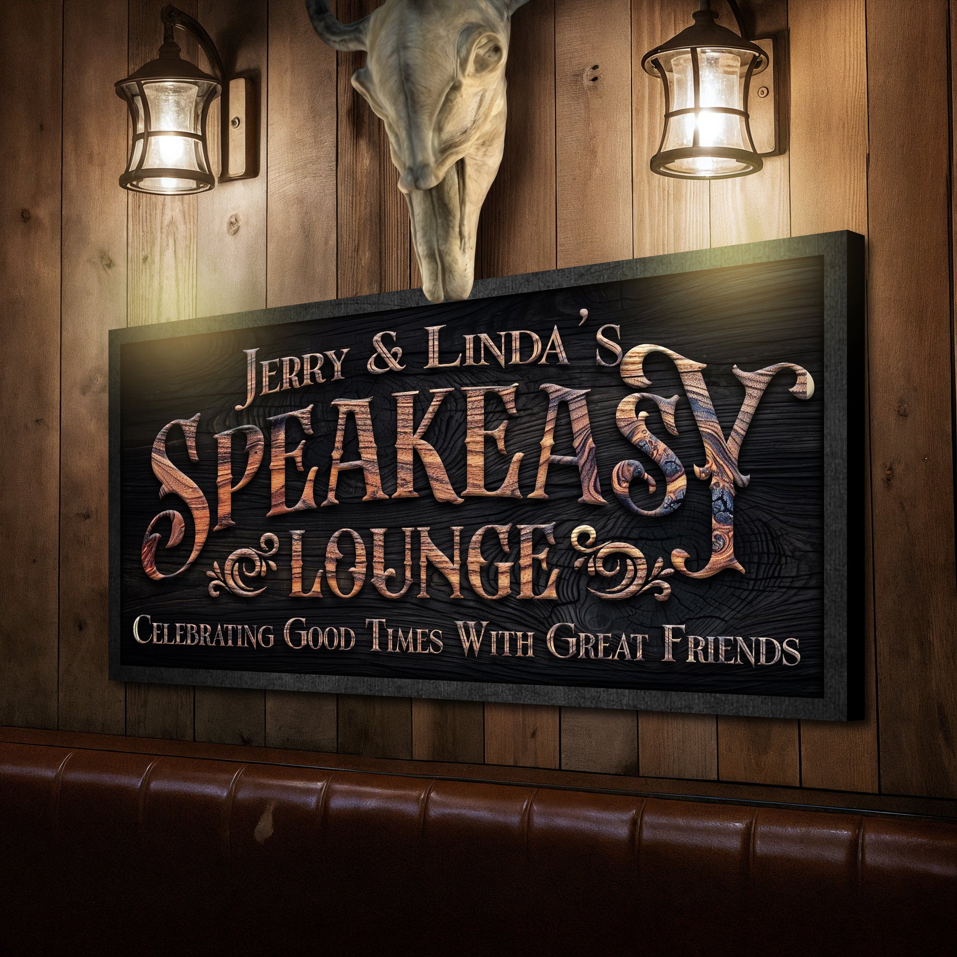 Framed speakeasy lounge wall sign with large “Speakeasy & Lounge” lettering