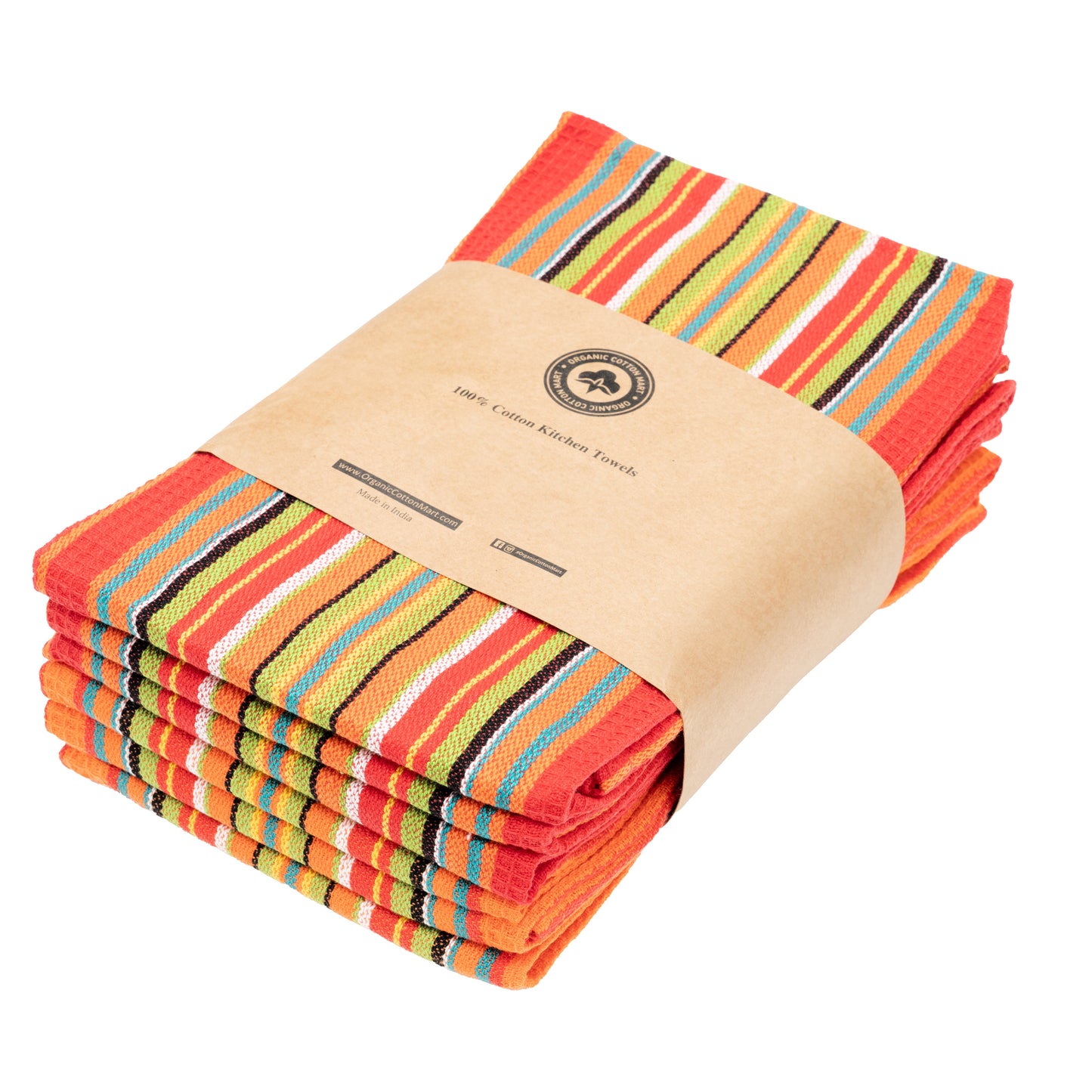 Striped kitchen towel set bundle, red-and-orange rainbow stripes with blue and green