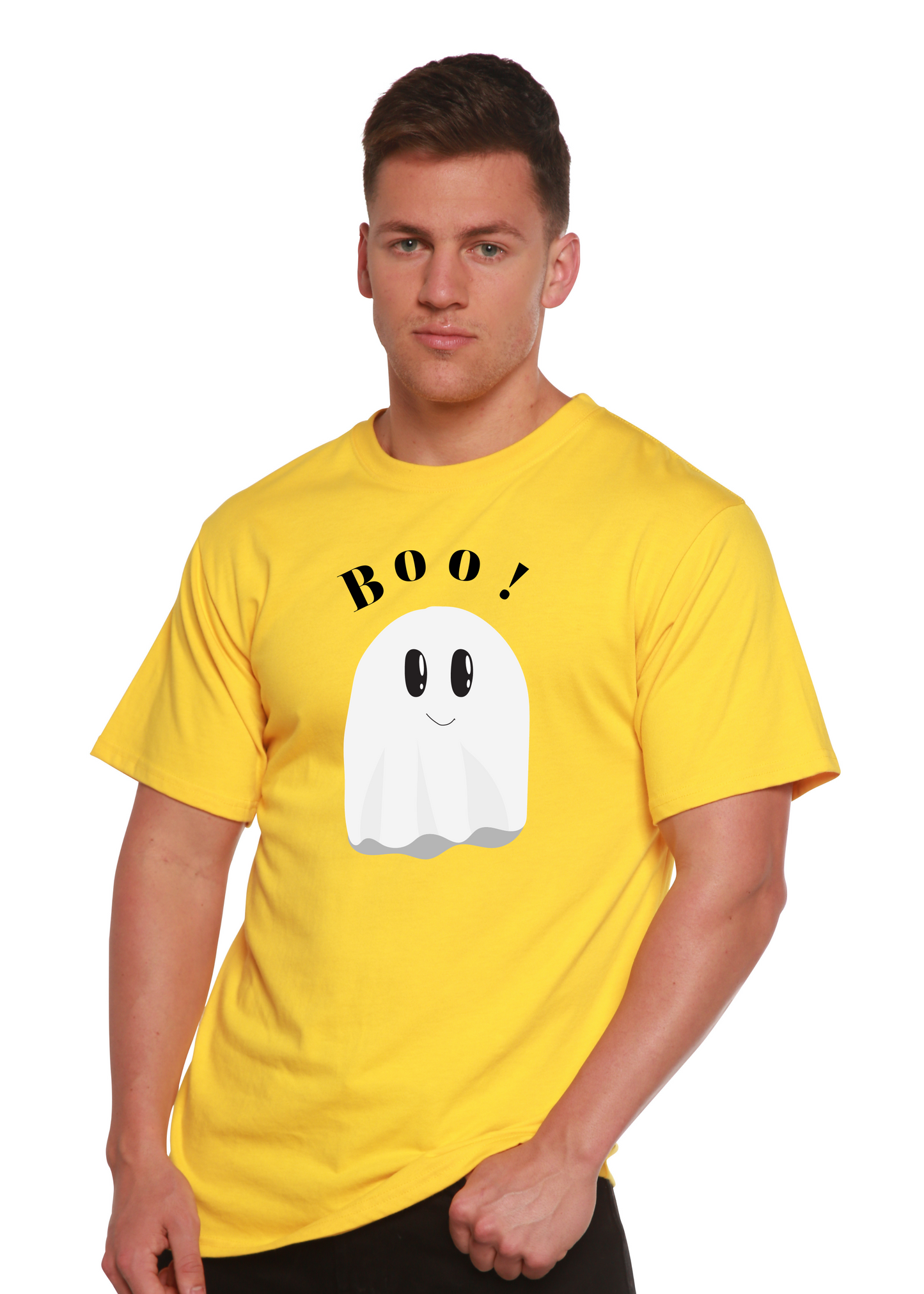 Men's yellow graphic T-shirt with “BOO!” text and white ghost print