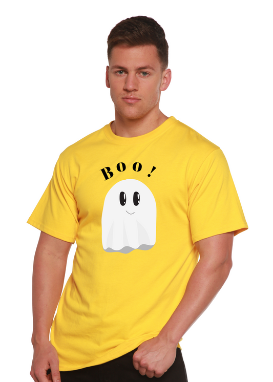 Men's yellow graphic T-shirt with “BOO!” text and white ghost print