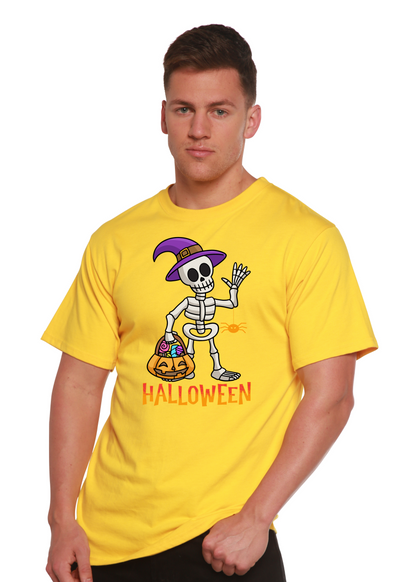 Yellow unisex crewneck T-shirt with short sleeves featuring Halloween skeleton graphic