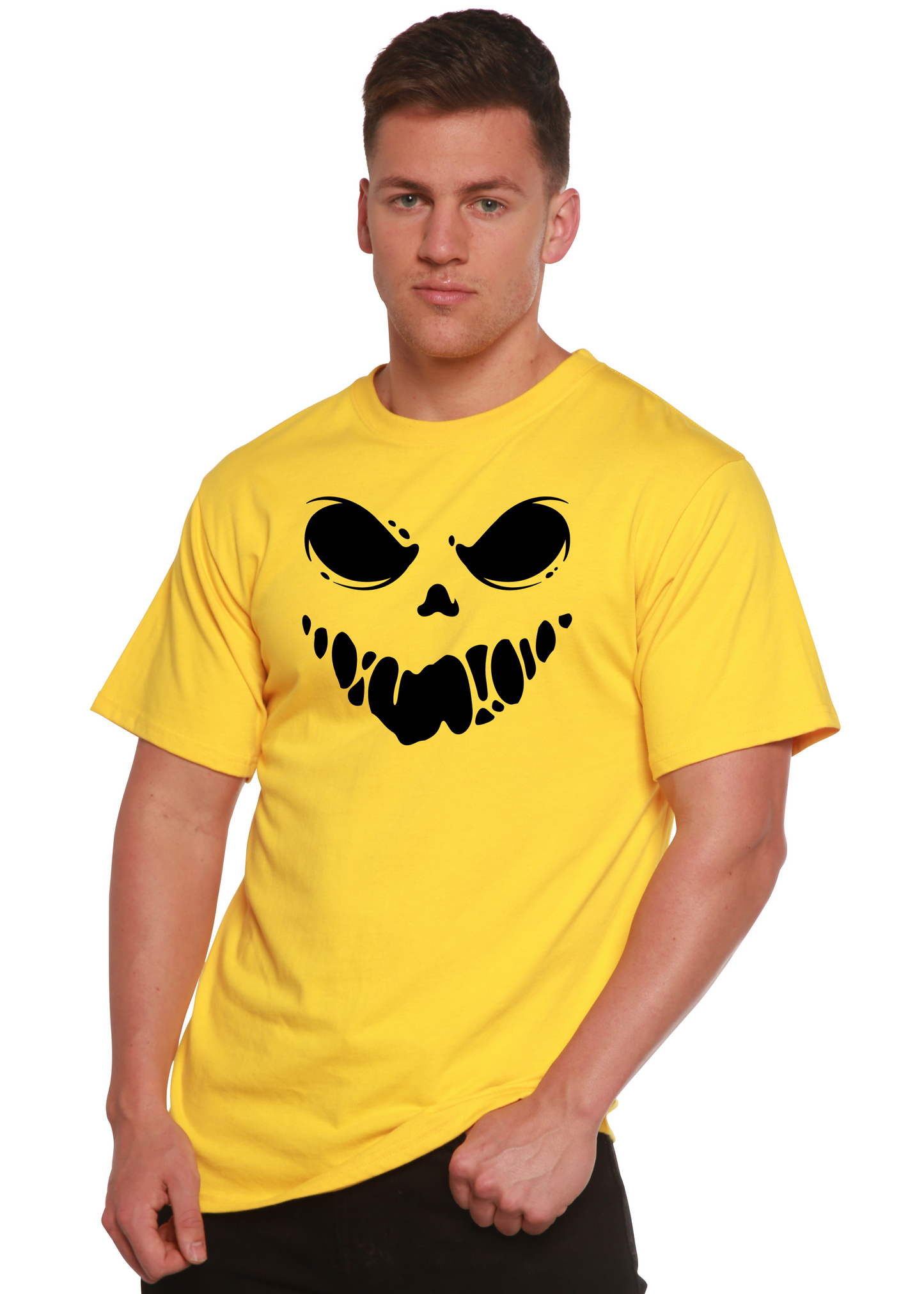 Men's yellow short sleeve graphic T-shirt with black skull face print