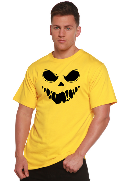 Men's yellow short sleeve graphic T-shirt with black skull face print