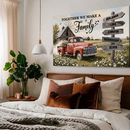 Personalized canvas wall art with a red vintage pickup truck, flowers, and family name signs