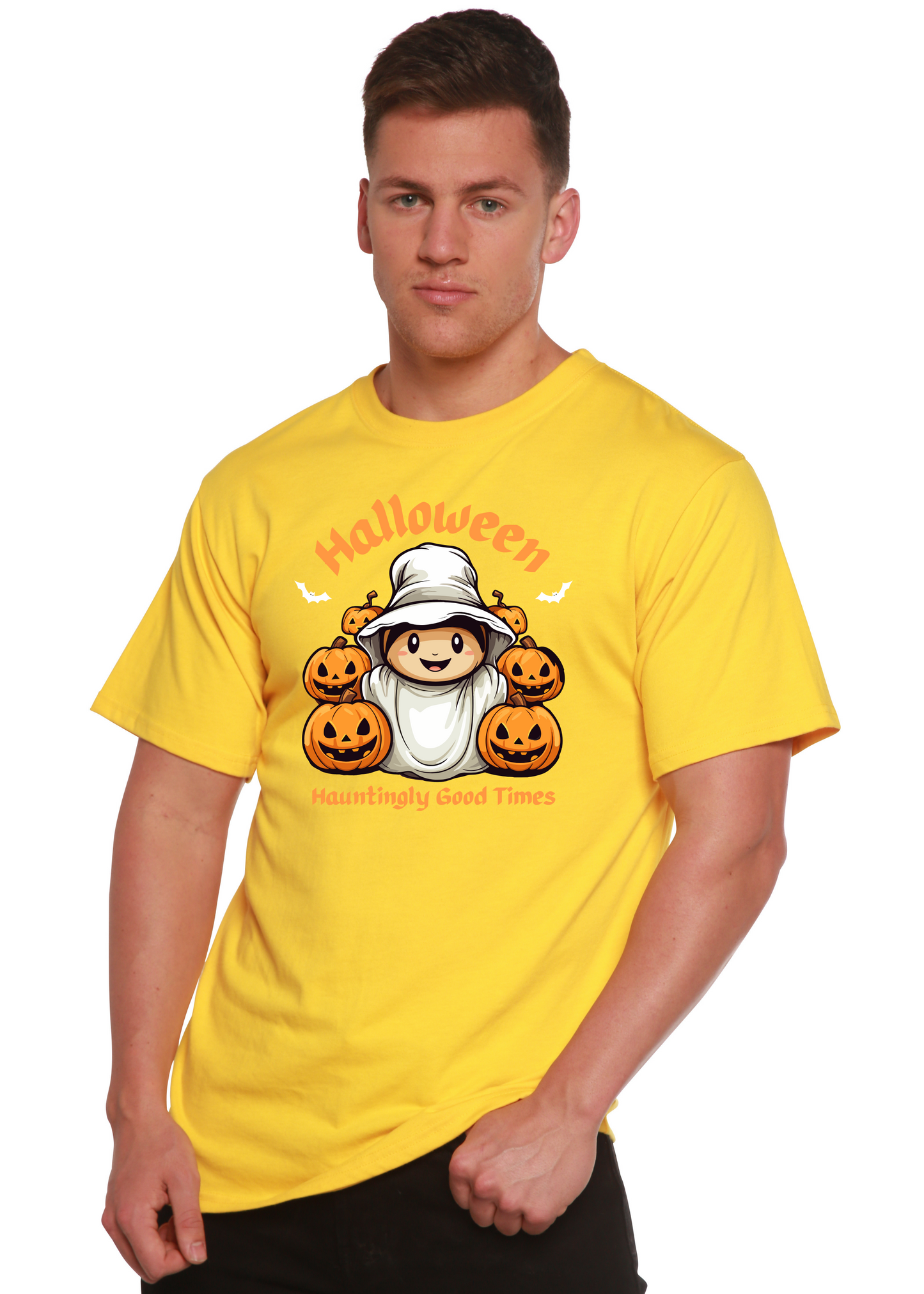 Men's yellow Halloween graphic short sleeve T-shirt with pumpkins and ghost illustration