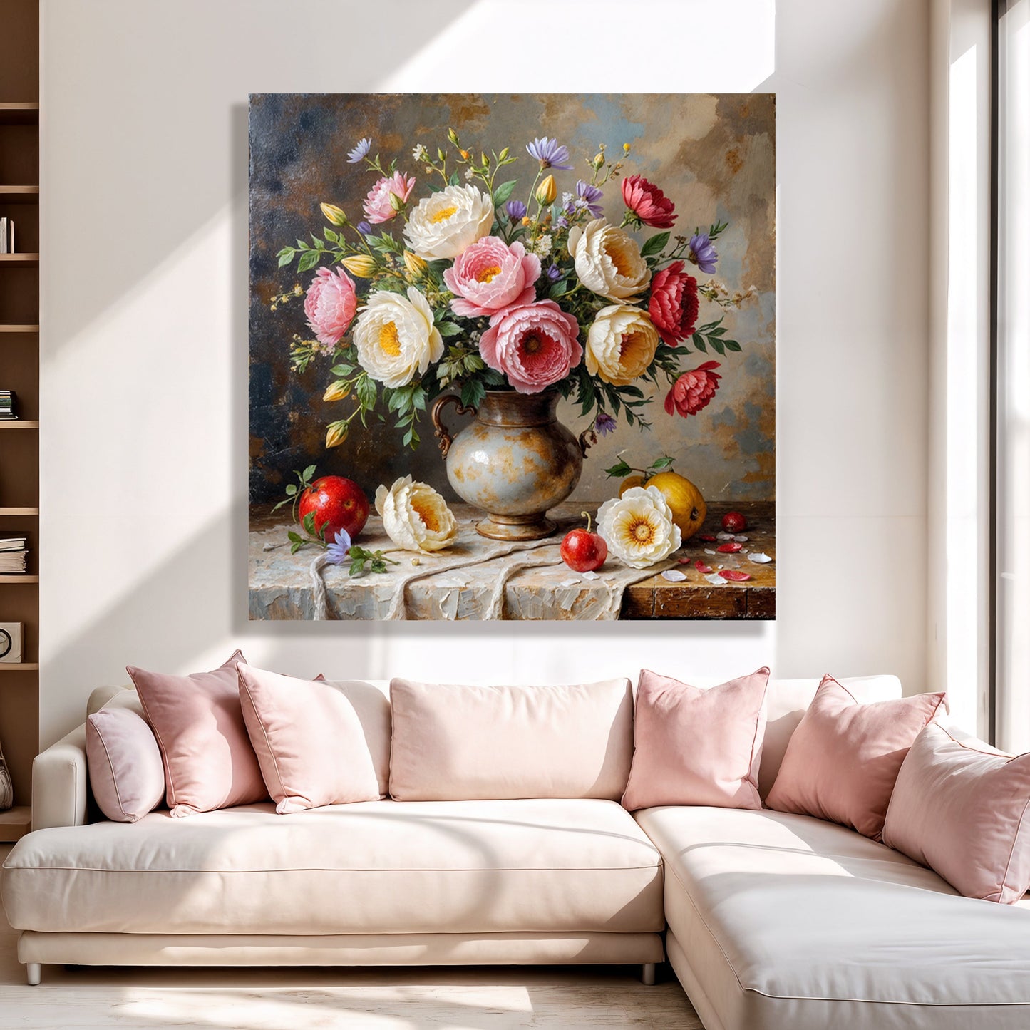 Floral vase wall art with a bouquet of pink and white roses in a bronze urn on stones