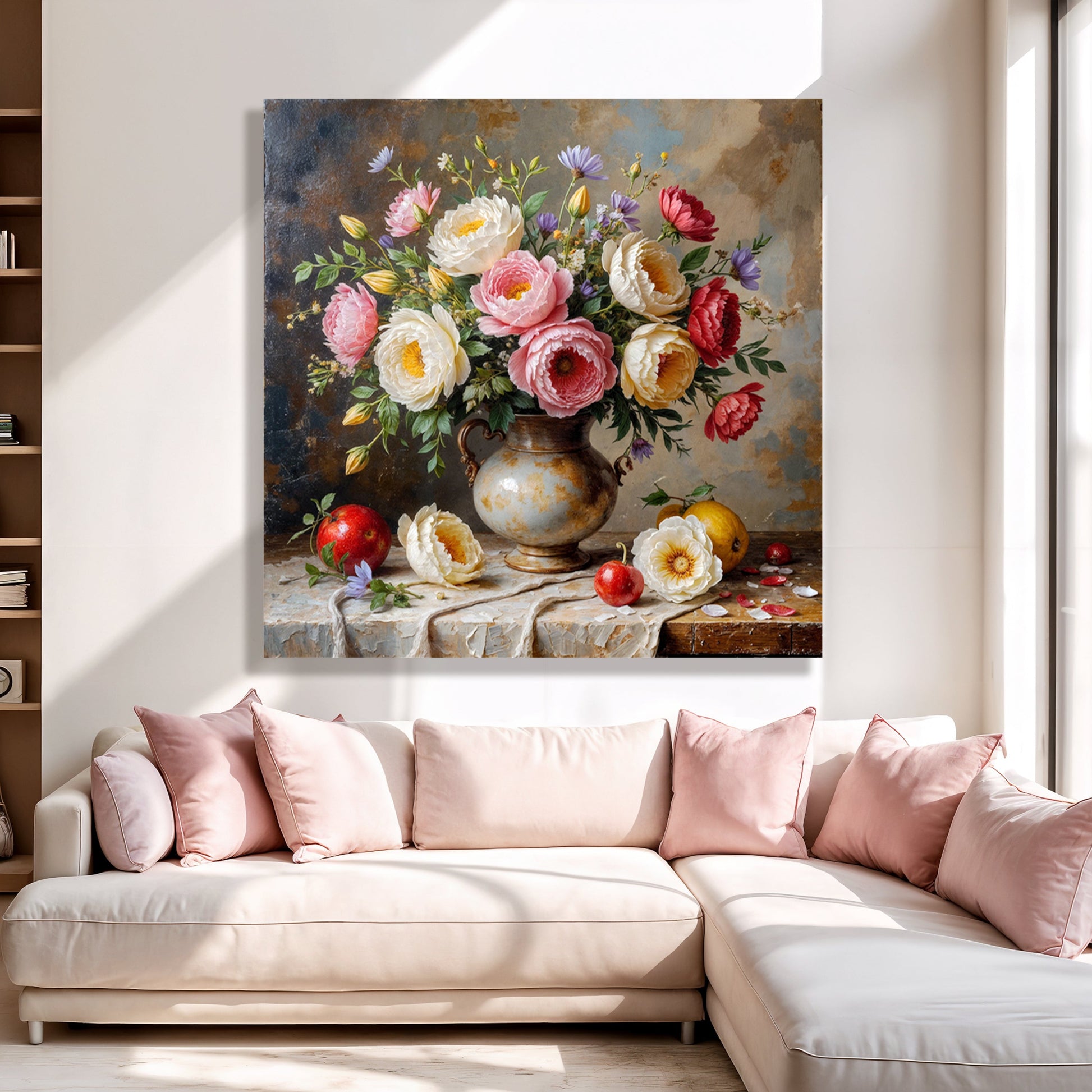 Floral vase wall art with a bouquet of pink and white roses in a bronze urn on stones