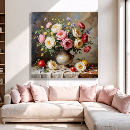 Floral vase wall art with a bouquet of pink and white roses in a bronze urn on stones