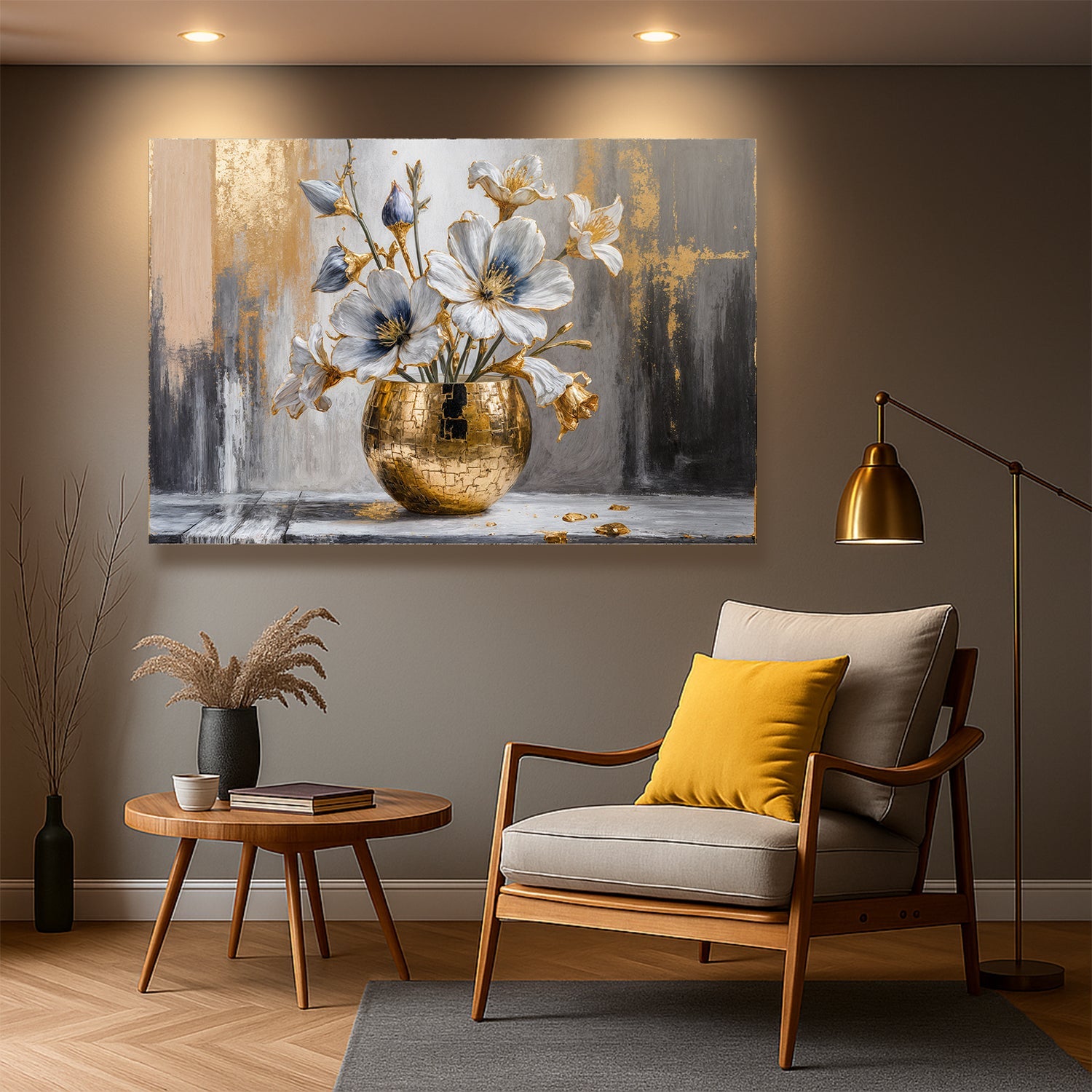 Abstract floral wall art with blue-white blossoms in a gold vase on gray and gold strokes