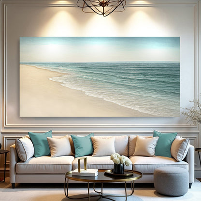 Coastal wall art canvas with a sandy shore, ocean waves, and a pale blue horizon.