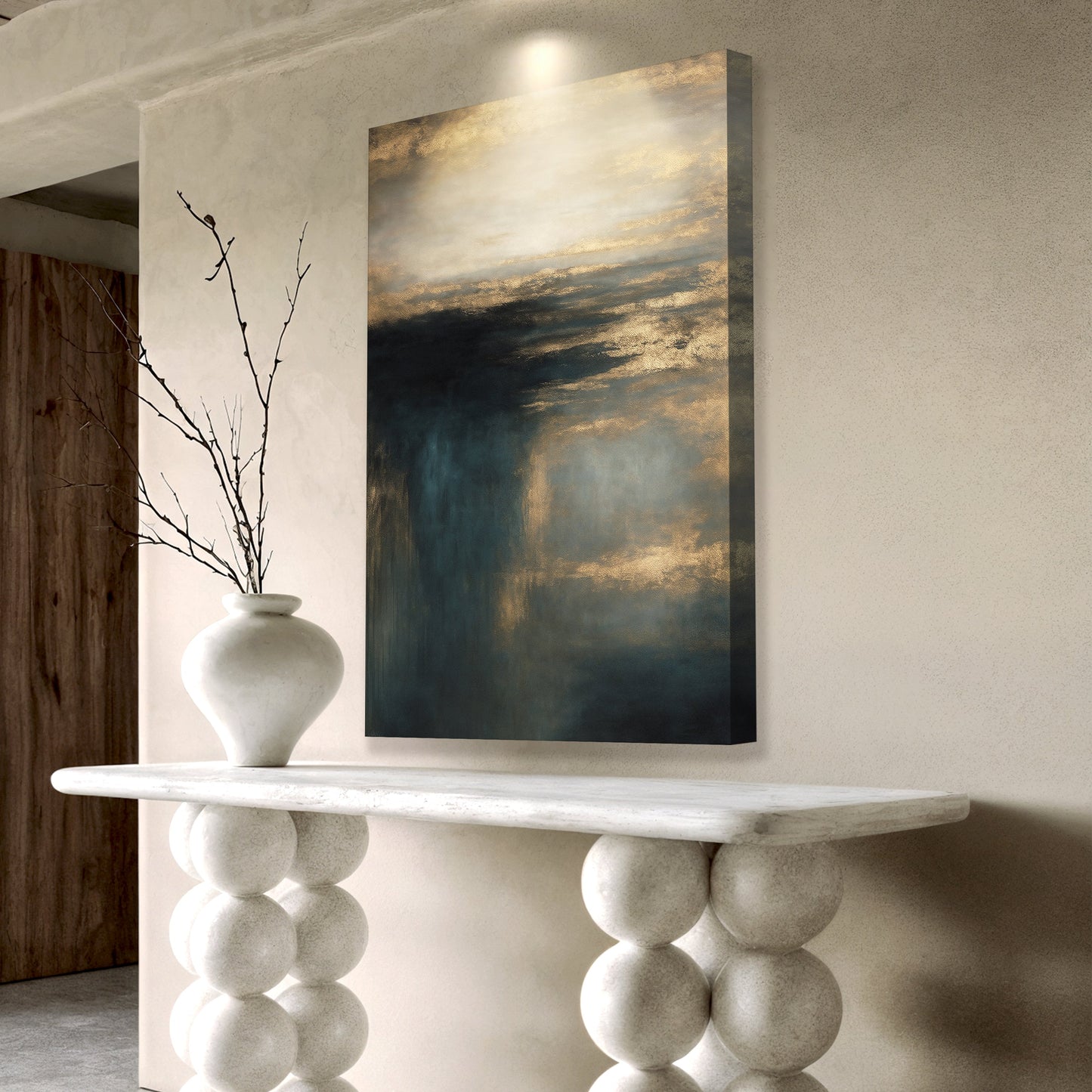 Vertical abstract landscape wall art canvas with dark blue water and gold clouds