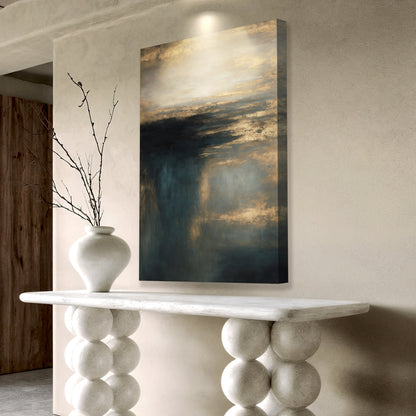 Vertical abstract landscape wall art canvas with dark blue water and gold clouds