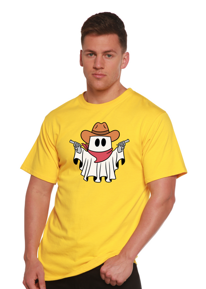 Men's yellow graphic T-shirt with cowboy ghost face and revolver print on front.