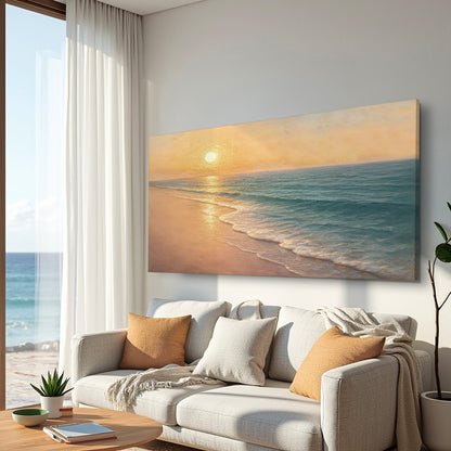 Coastal beach wall art with golden sunrise over ocean waves and sandy shore on canvas.