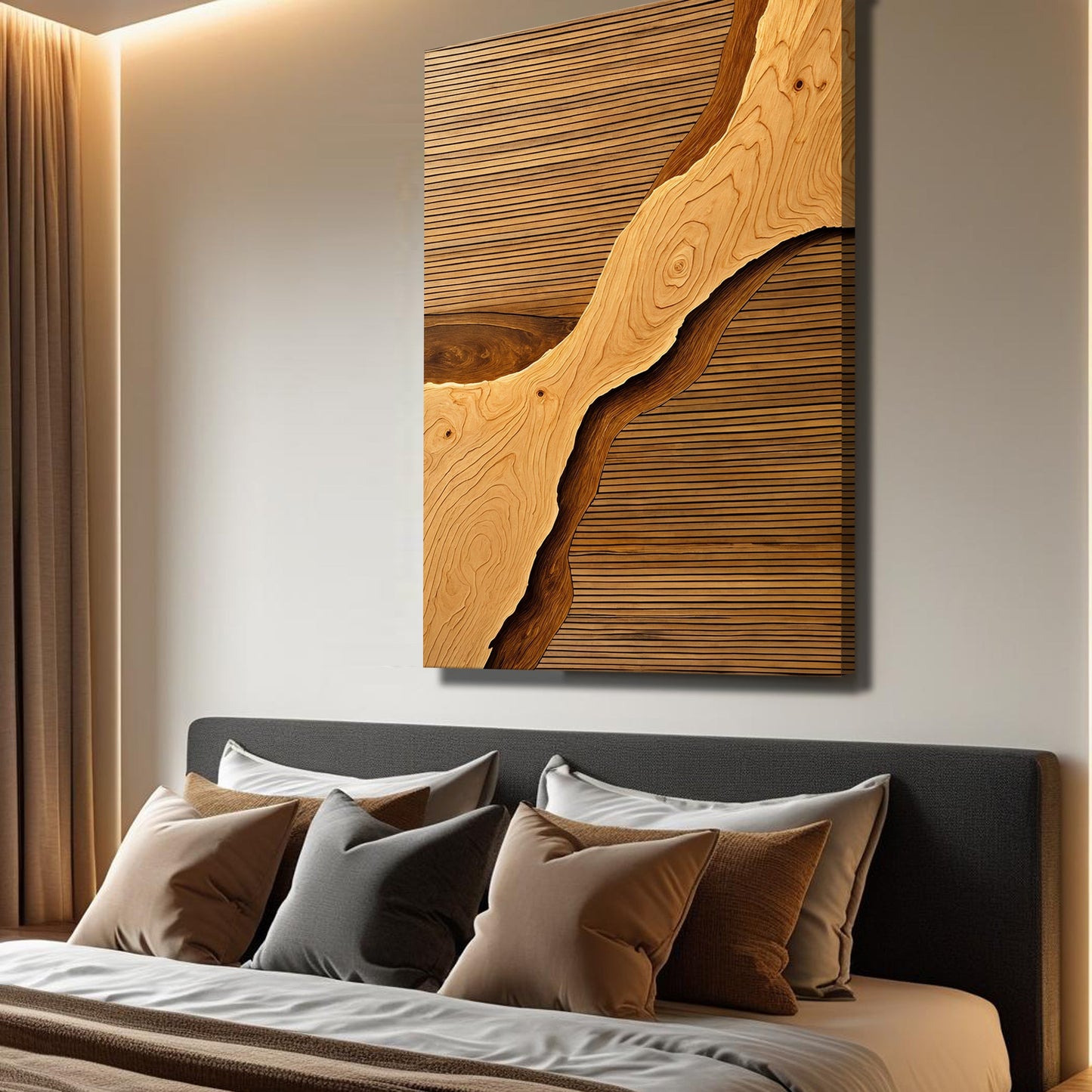Landscape wood rift wall art with light and dark wood grain curve pattern