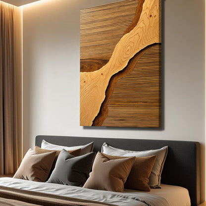 Landscape wood rift wall art with light and dark wood grain curve pattern
