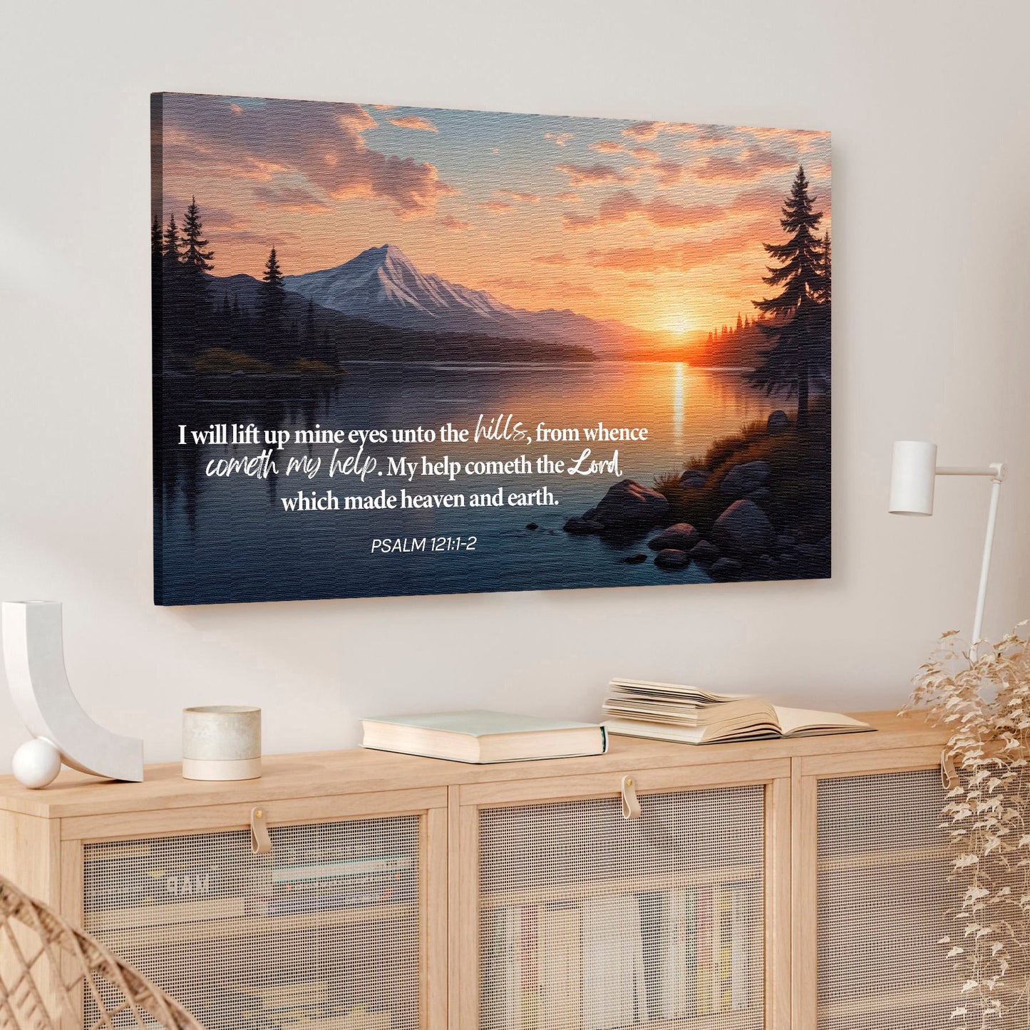 Faith wall canvas with landscape sunrise scene and Psalm 121:1-2 text in center