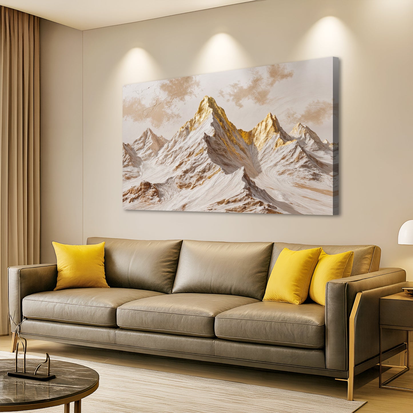 Landscape canvas wall art of snowy mountains with golden summit peaks