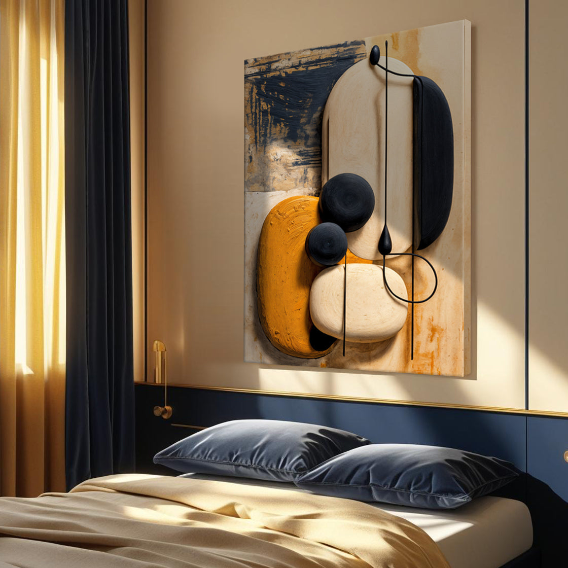 Abstract wall art canvas with cream and orange forms plus dark blue vertical shapes
