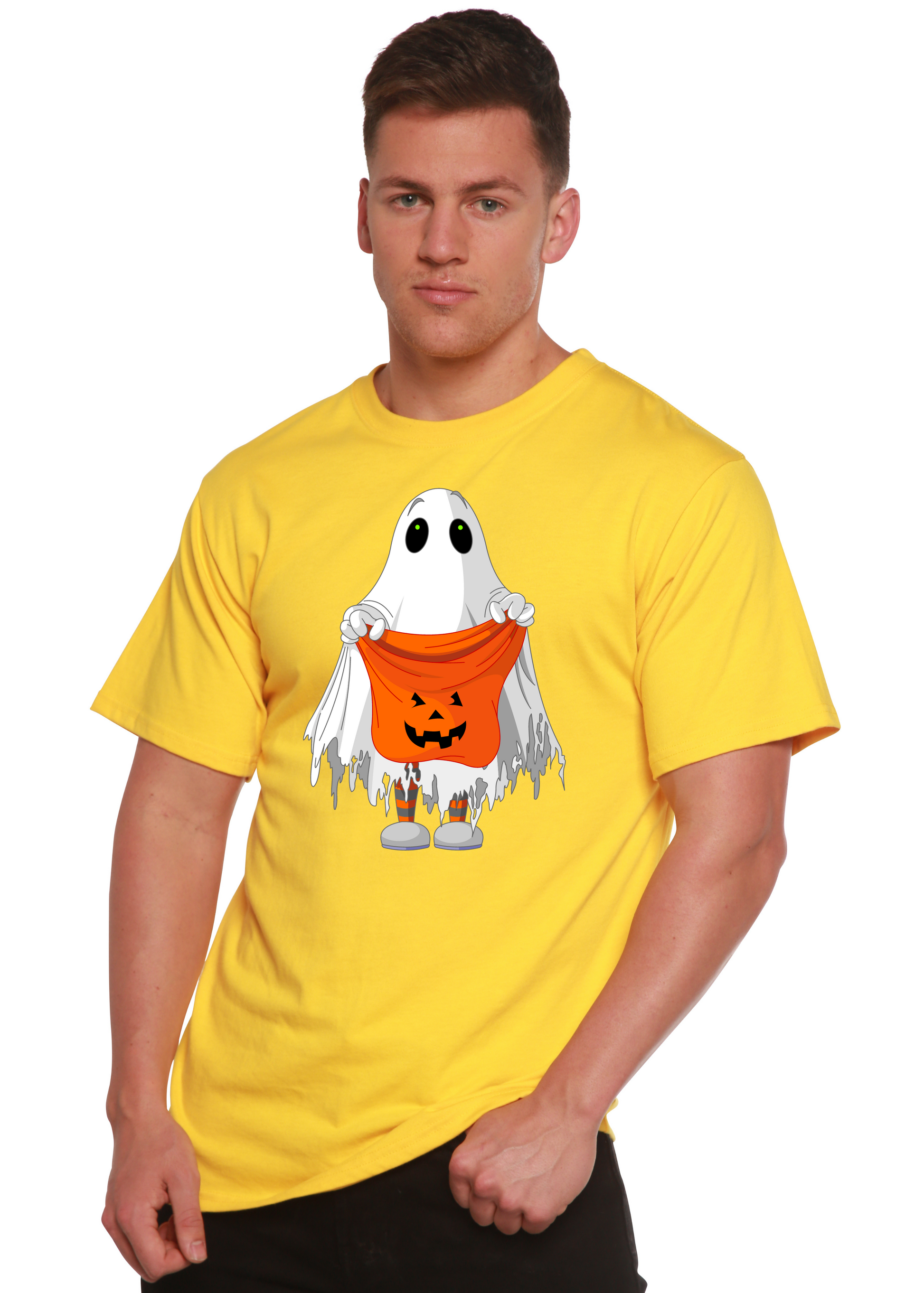 Men's yellow short-sleeve graphic t-shirt with ghost holding orange jack-o'-lantern bucket