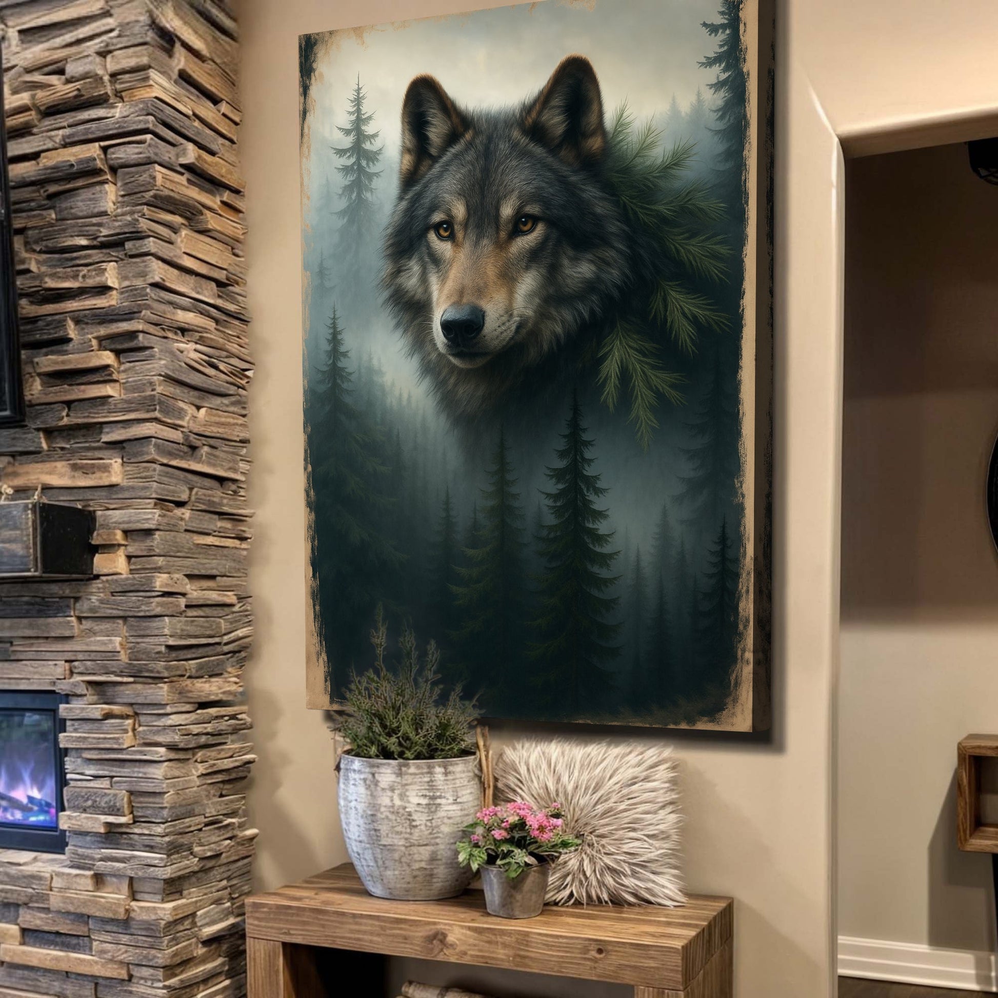 Framed wolf face over pine forest double exposure wall art